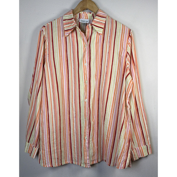 Coldwater Creek Tops - Coldwater Creek Women 2X Blouse retro button down red orange Stripe Cotton